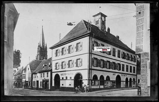 Plaque verre photo ancienne, négatif noir & blanc 9x14 cm, Pfaffenhoffen, mairie