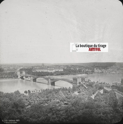 Chemin de fer, Coblence panorama, photo ancienne plaque verre, positif 8,5x10 cm