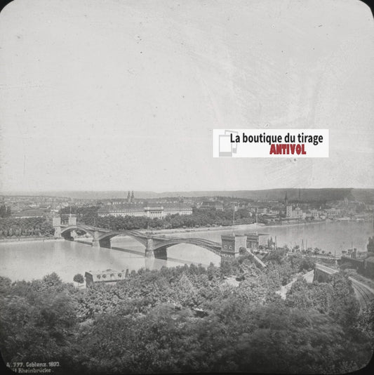 Chemin de fer, Coblence panorama, photo ancienne plaque verre, positif 8,5x10 cm