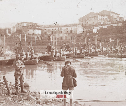 Passage de l’Adige, Italie, guerre WW1, plaque verre stéréo, photo 4,5x10,7 cm