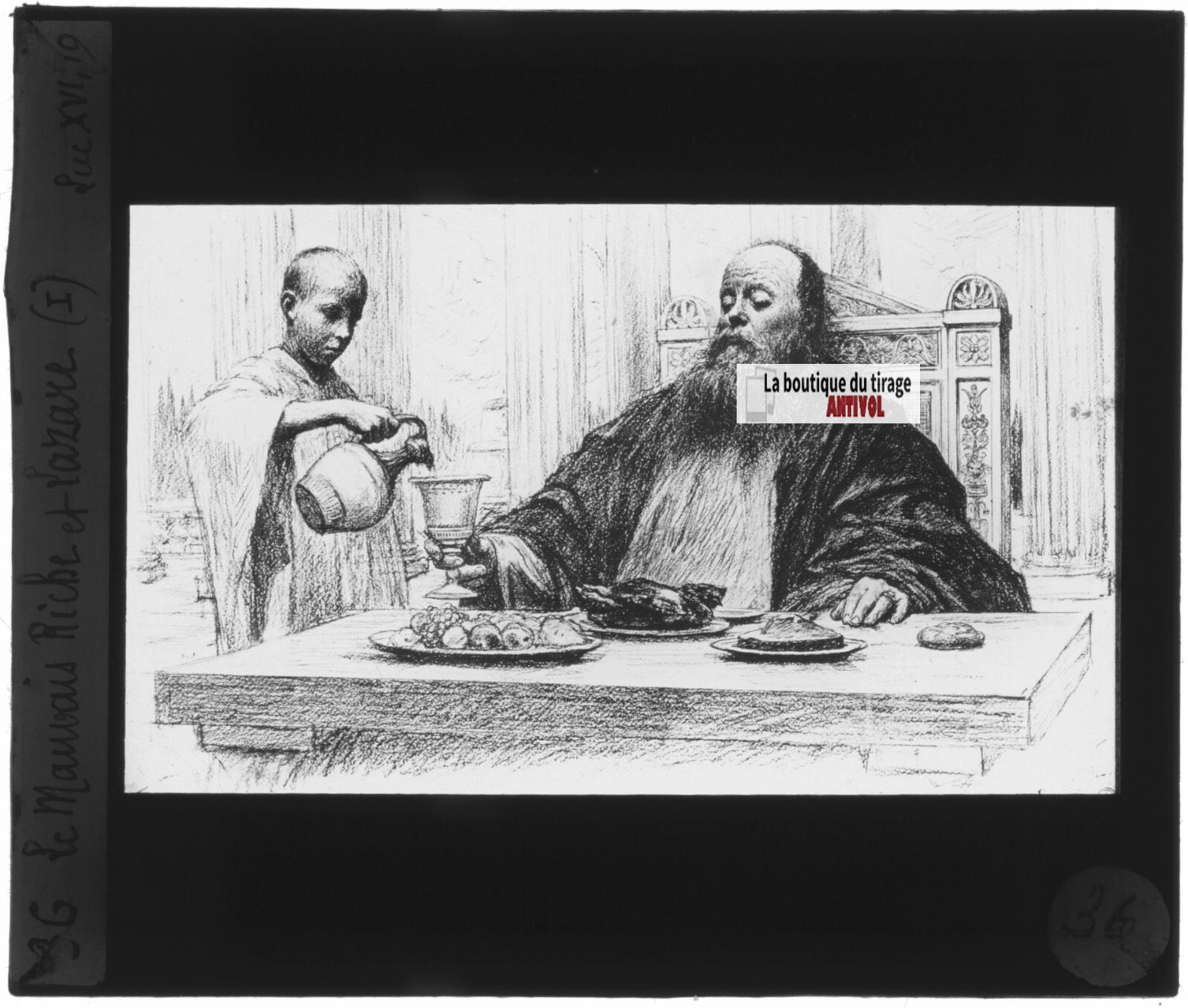 Luc, scène religieuse, dessin peinture plaque de verre, positif 8,5x10 cm