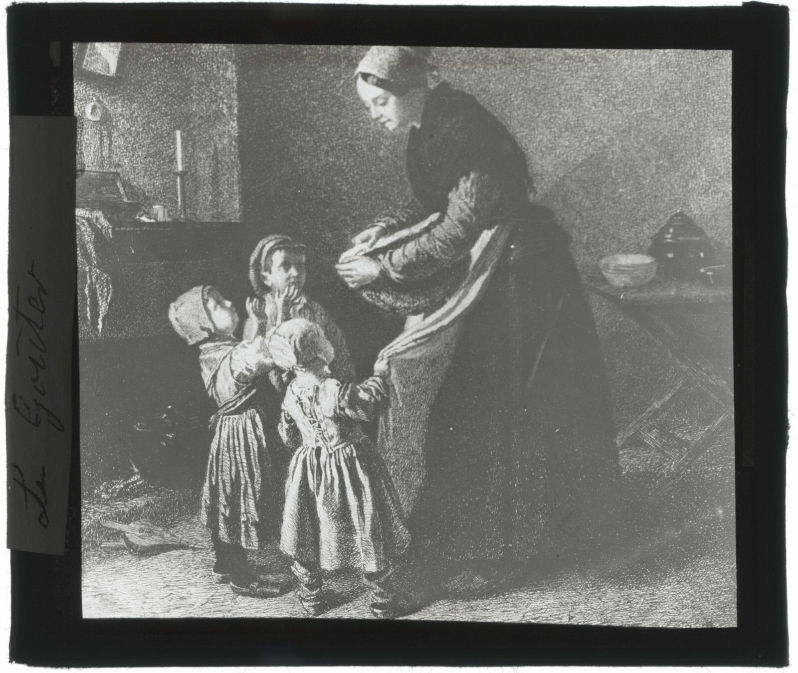 Scène religieuse, goûter, dessin peinture, photo plaque verre, positif 8,5x10 cm