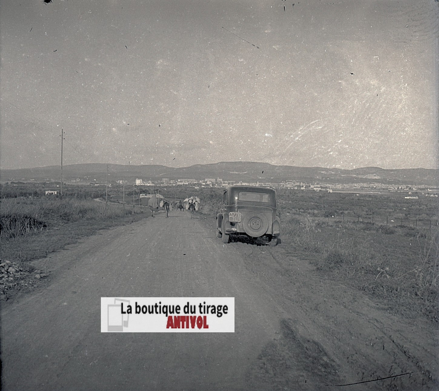 Algérie, voiture, plaque verre, photo stéréo, négatif noir & blanc 6x13 cm
