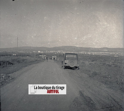 Algérie, voiture, plaque verre, photo stéréo, négatif noir & blanc 6x13 cm