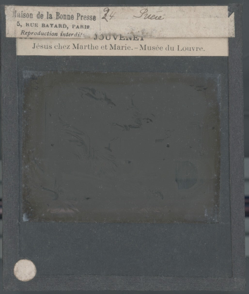 Le Christ chez Marthe et Marie, dessin peinture, plaque verre, positif 8,5x10 cm