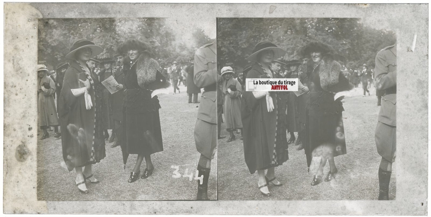 Jour de course, Longchamp, Paris, plaque verre stéréoscopique, positif 8,5x17 cm