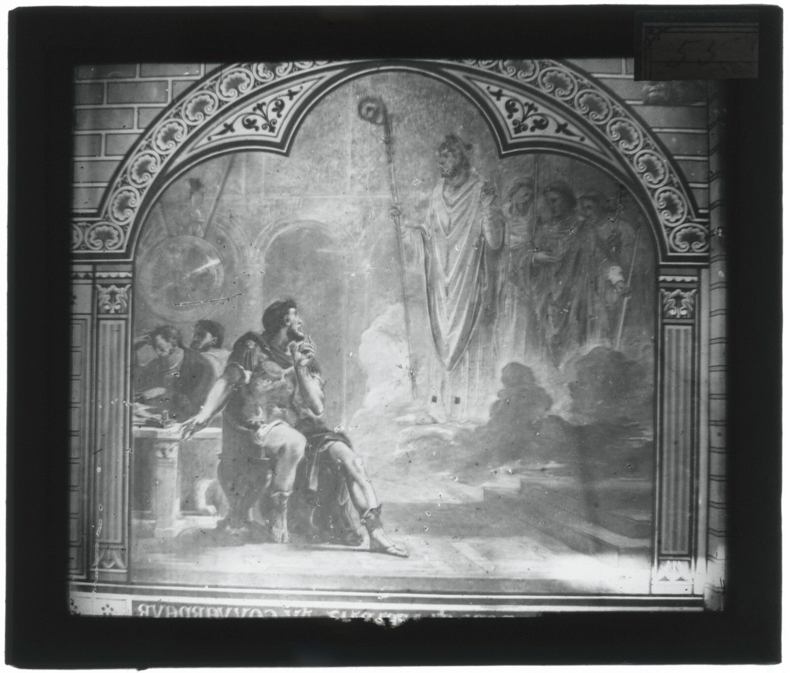 Scène religieuse, dessin peinture, photo plaque verre, positif 8,5x10 cm