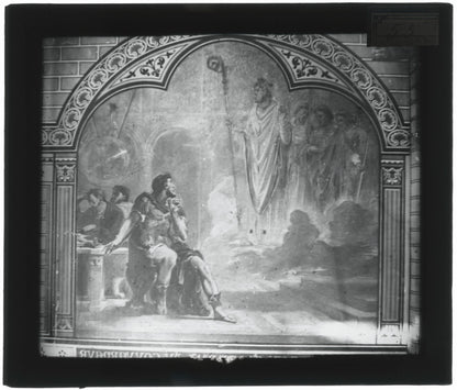 Scène religieuse, dessin peinture, photo plaque verre, positif 8,5x10 cm