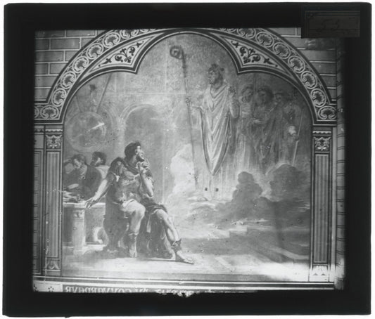 Scène religieuse, dessin peinture, photo plaque verre, positif 8,5x10 cm