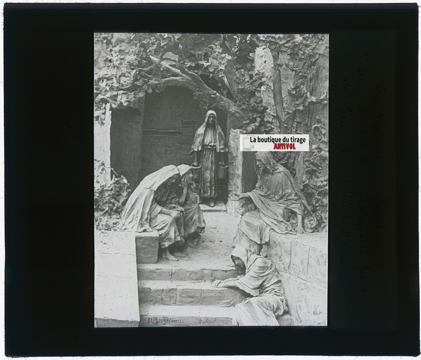 Jésus chez Marthe et Marie, photo plaque verre, noir & blanc, positif 8,5x10 cm