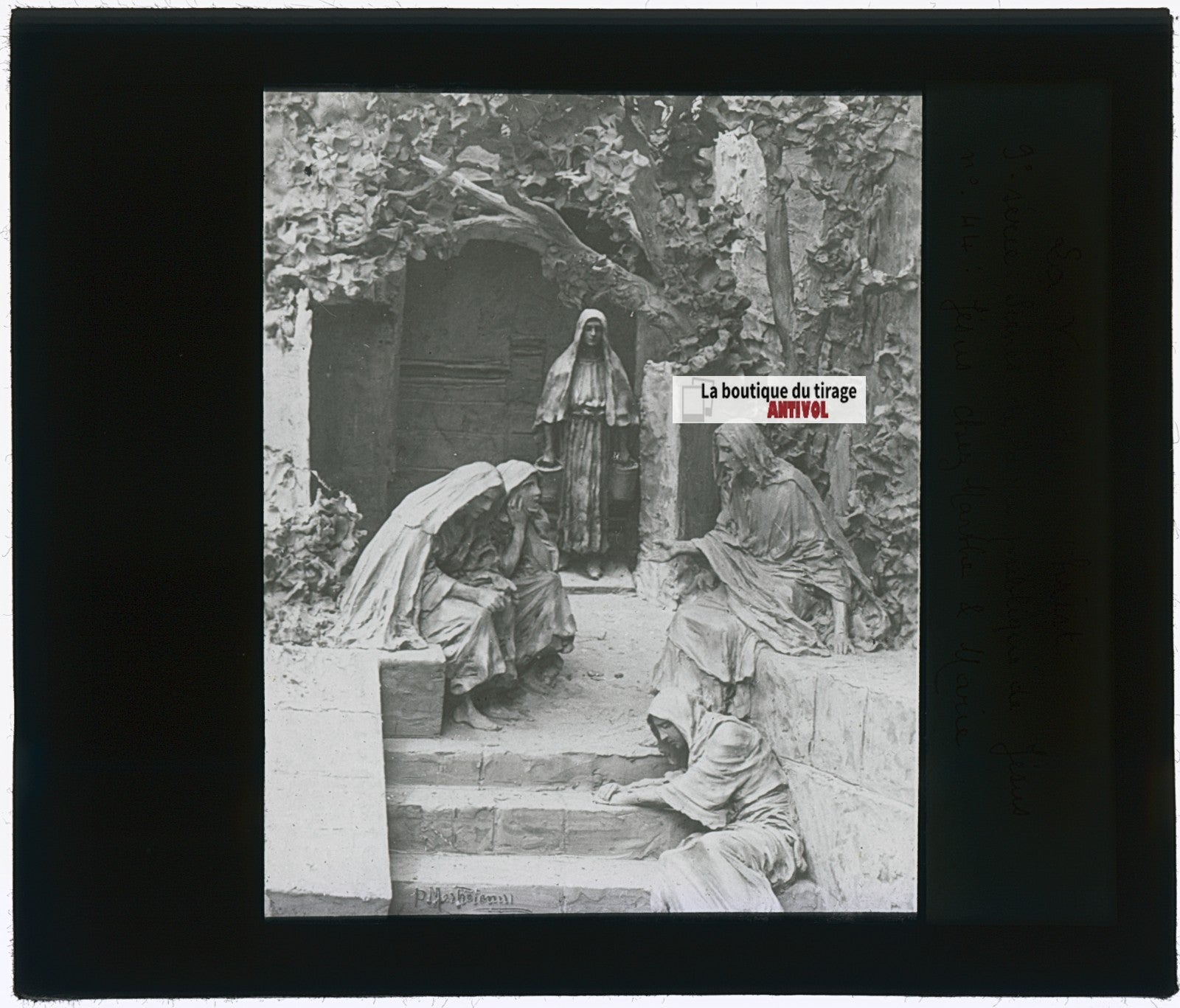 Jésus chez Marthe et Marie, photo plaque verre, noir & blanc, positif 8,5x10 cm