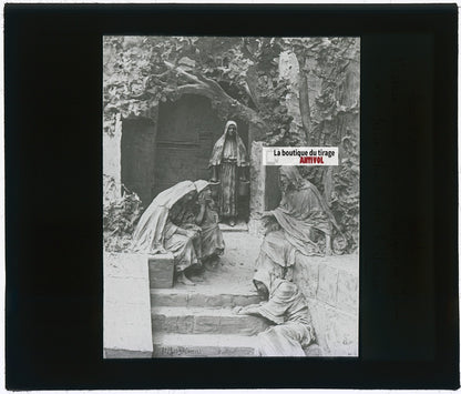 Jésus chez Marthe et Marie, photo plaque verre, noir & blanc, positif 8,5x10 cm
