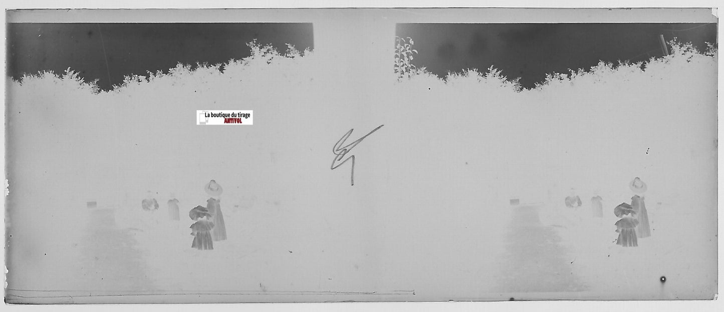 Enfants, jeu, Plaque verre photo stéréo, négatif noir & blanc 4,5x10,7 cm