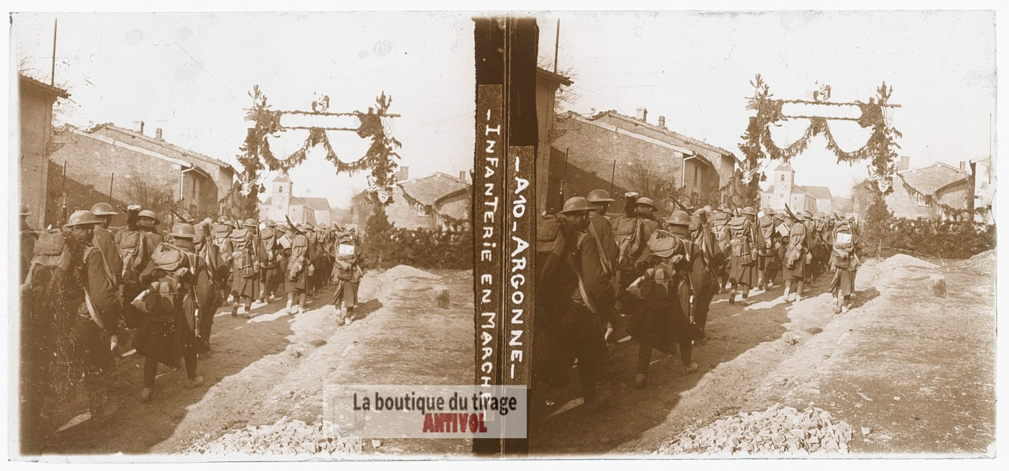 Argonne, infanterie, guerre WW1, plaque verre photo ancienne stéréo 6x13 cm
