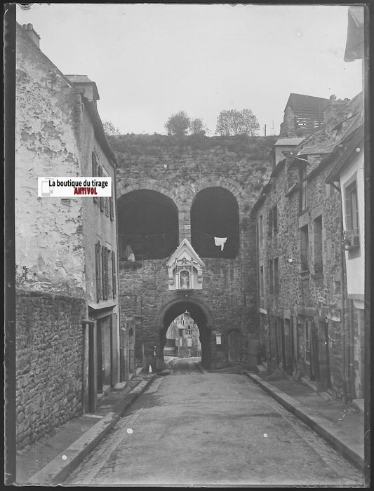 Dinan, Porte du Jerzual, Plaque verre photo, négatif noir & blanc 9x12 cm