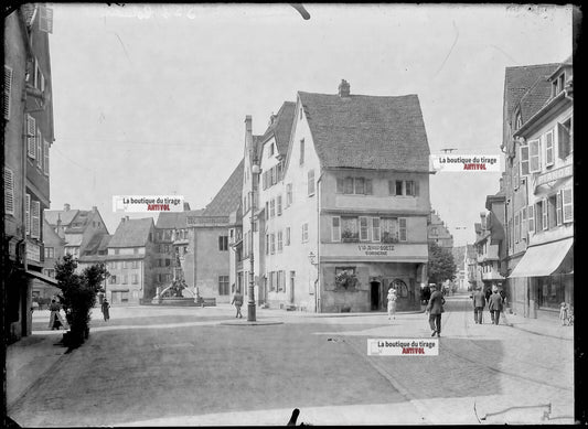 Plaque verre photo ancienne négatif noir et blanc 13x18 cm Colmar La Grand-Rue