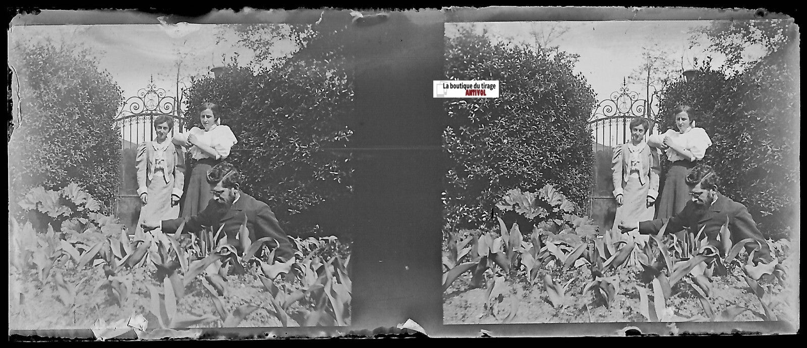 Famille, jardin, Plaque verre photo stéréo, négatif noir & blanc 4,5x10,7 cm