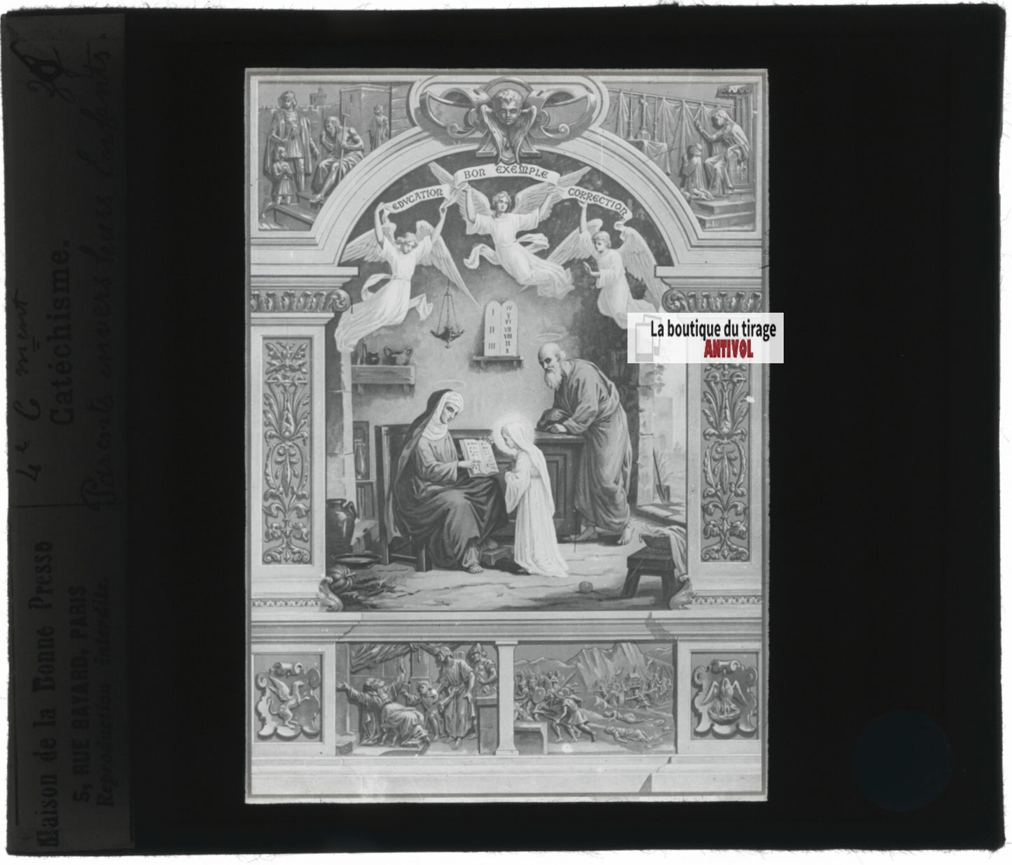 Scène religieuse, catéchisme, dessin peinture, plaque verre, positif 8,5x10 cm