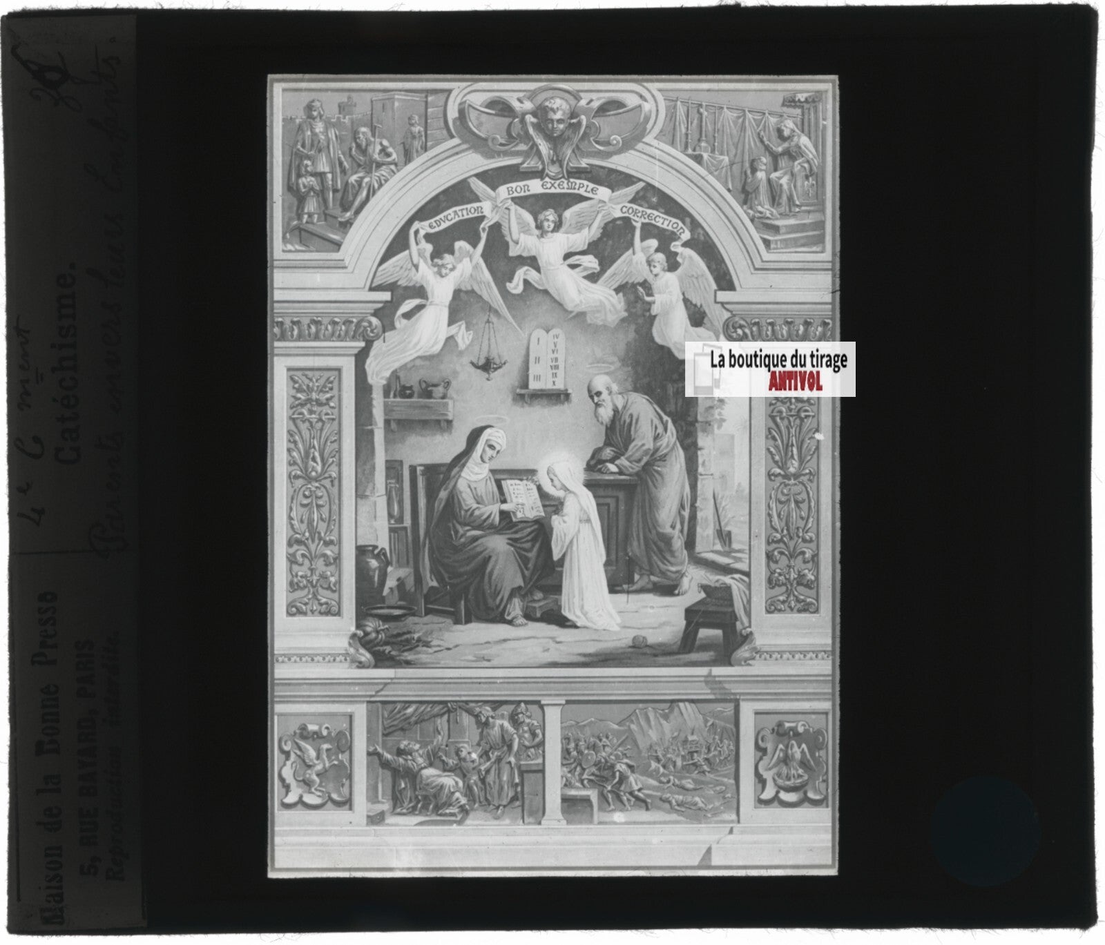 Scène religieuse, catéchisme, dessin peinture, plaque verre, positif 8,5x10 cm