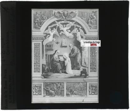 Scène religieuse, catéchisme, dessin peinture, plaque verre, positif 8,5x10 cm