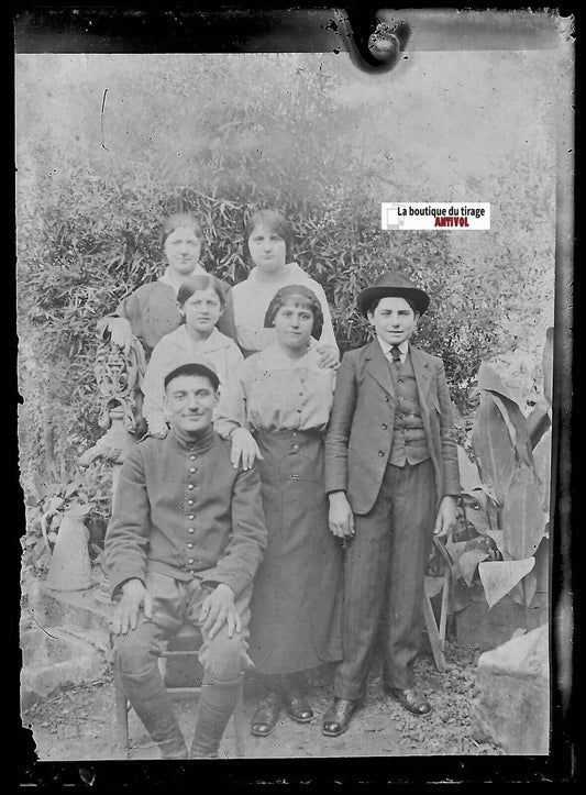 Groupe, enfant famille, Plaque verre photo ancienne, négatif noir & blanc 6x9 cm