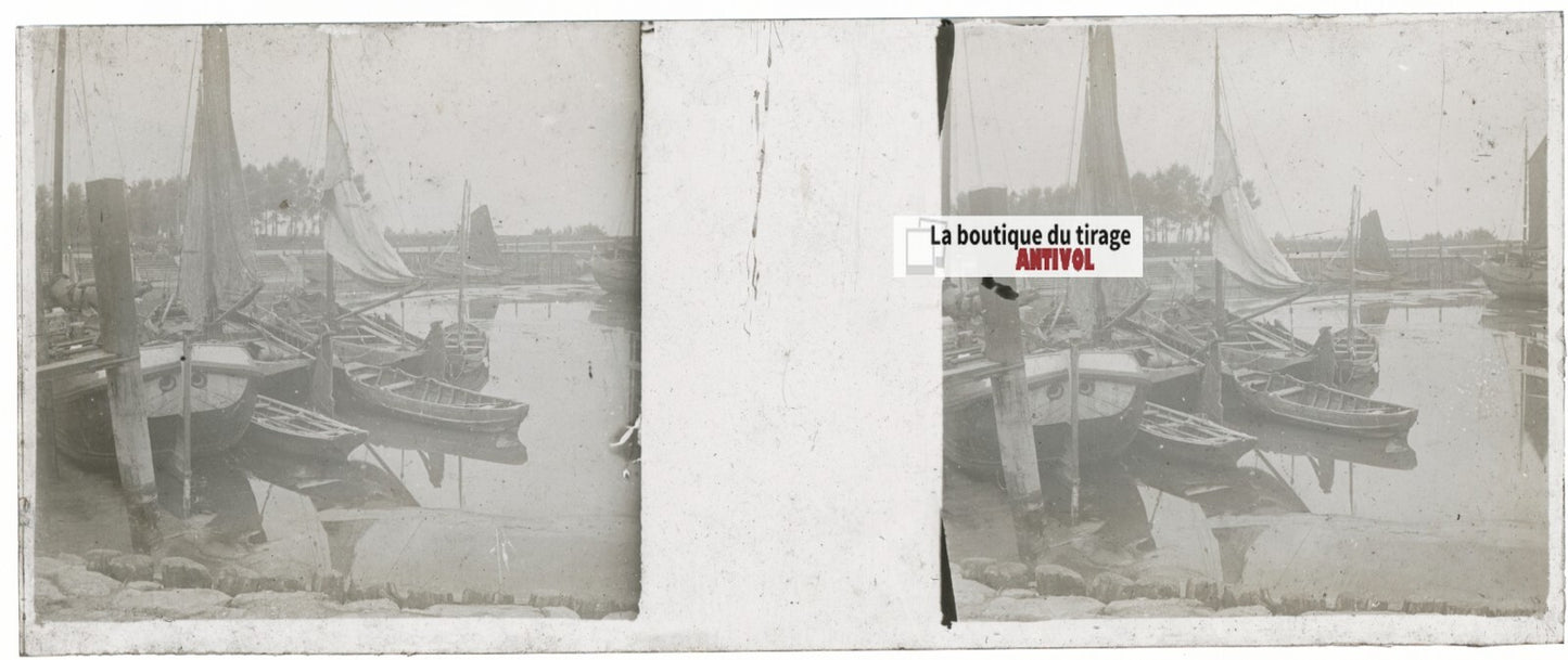 Bateaux France, Plaque verre stéréo, positif noir & blanc 4,5x10,7 cm