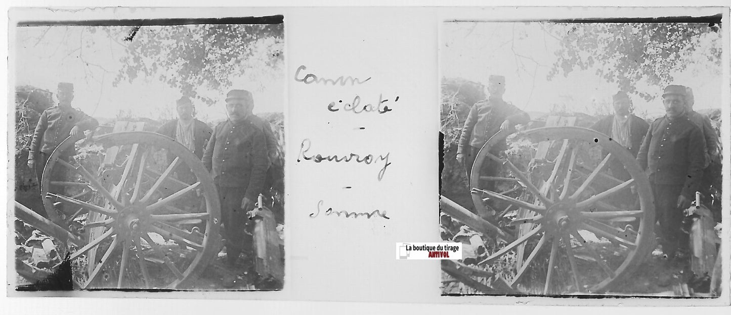 Rouvroy, canon WW1, Plaque verre stéréo, positif noir & blanc 4,5x10,7 cm