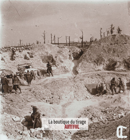 Entonnoir de mine, guerre WW1, plaque verre stéréo, photo 4,5x10,7 cm