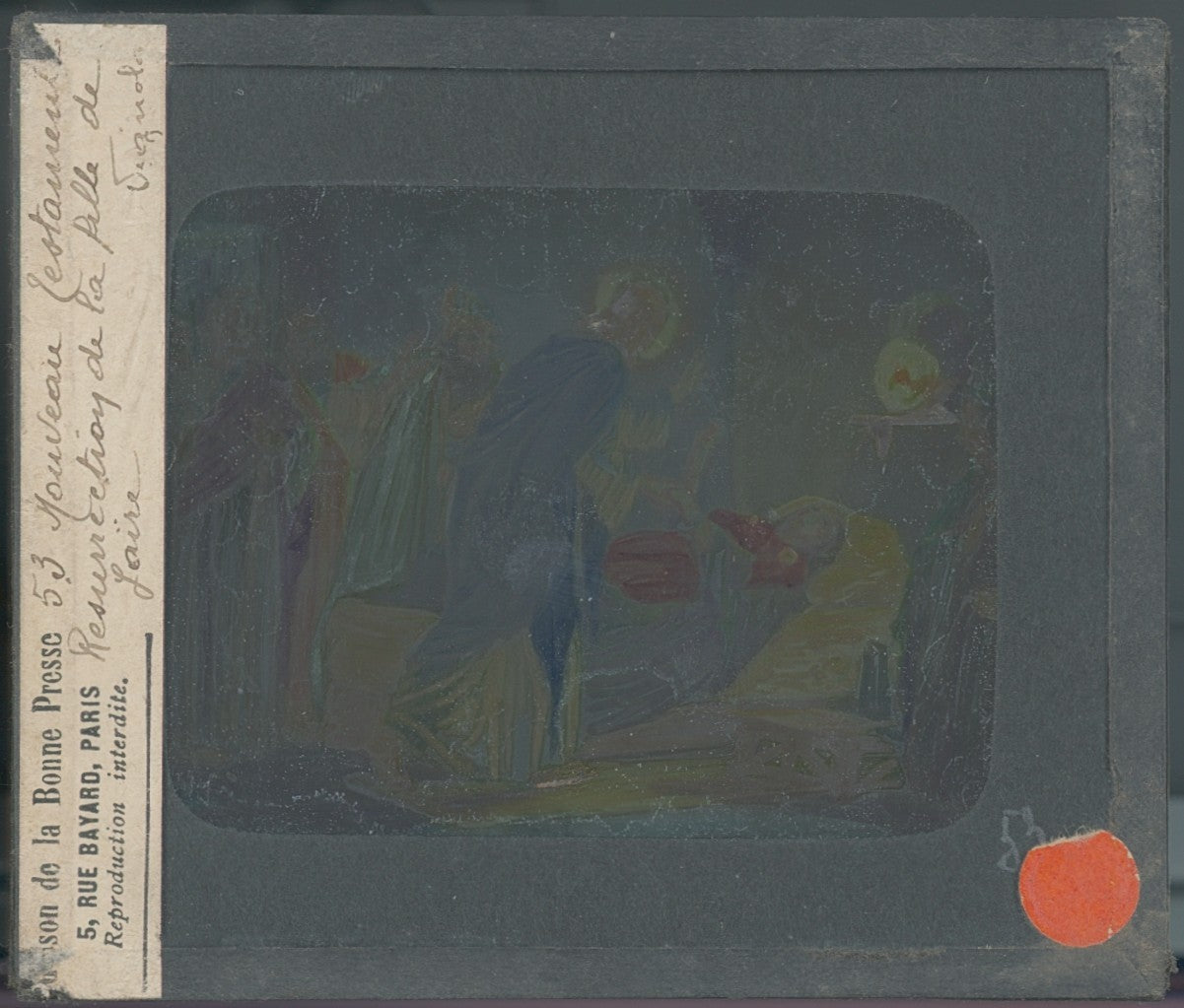 Résurrection fille de Jaïre, dessin, plaque verre ancienne, couleur 8,5x10 cm