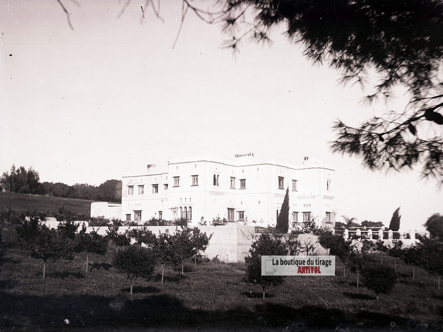 Grande villa coloniale, Algérie, plaque verre photo ancienne, négatif 9x12 cm