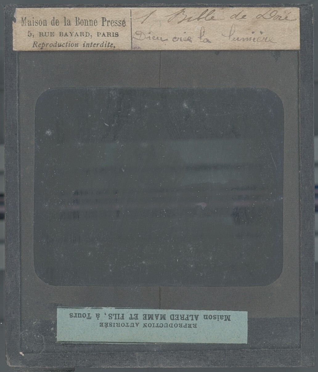 Dieu crée la lumière, Bible de Doré, dessin, plaque de verre, positif 8,5x10 cm