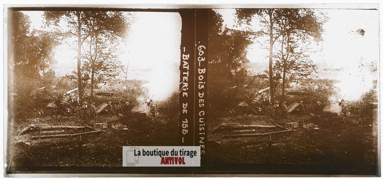 Bois des Cuisines, canon guerre WW1, plaque verre photo ancienne stéréo 6x13 cm