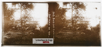 Bois des Cuisines, canon guerre WW1, plaque verre photo ancienne stéréo 6x13 cm