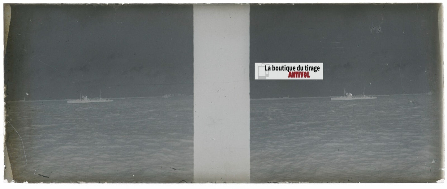 Bateau, mer, Plaque verre stéréoscopie, négatif noir & blanc 4,5x10,7 cm