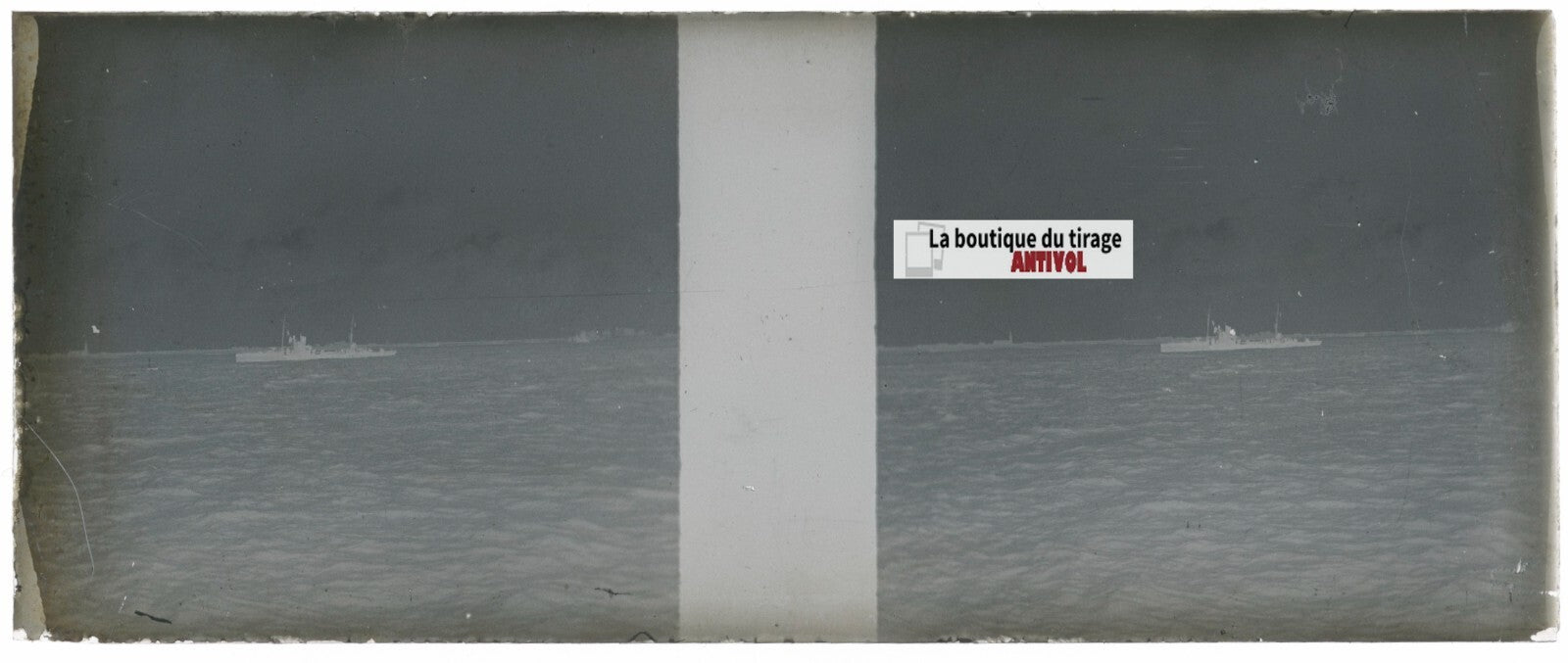 Bateau, mer, Plaque verre stéréoscopie, négatif noir & blanc 4,5x10,7 cm