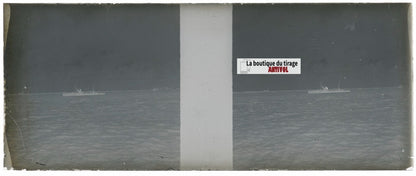 Bateau, mer, Plaque verre stéréoscopie, négatif noir & blanc 4,5x10,7 cm