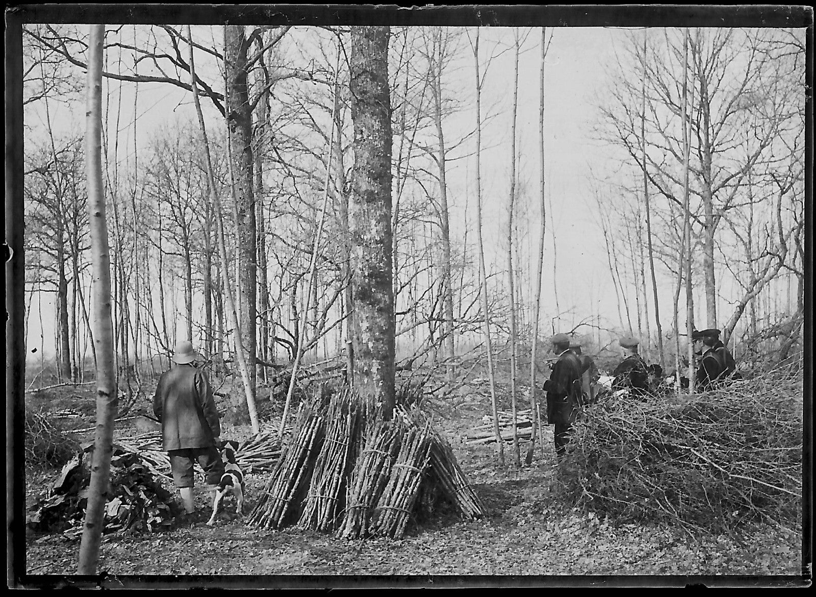 Plaque verre photo ancienne négatif noir et blanc 6x9 cm hommes chasse chien 