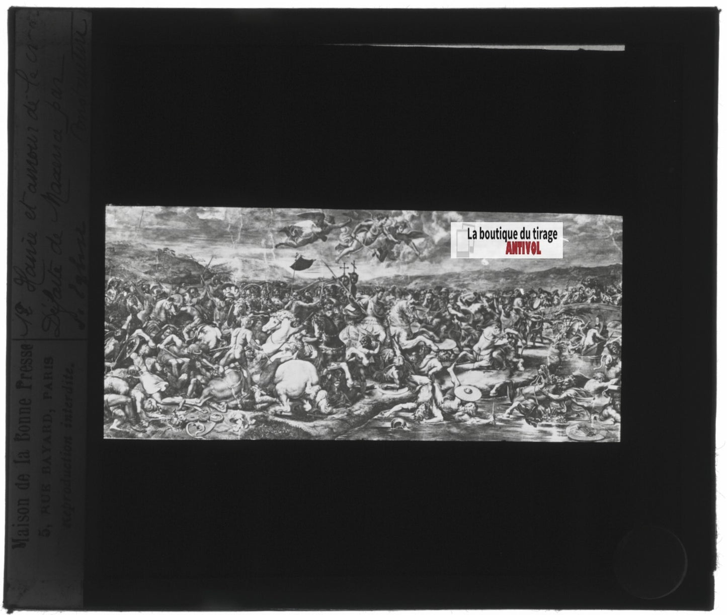 La bataille de Constantin, dessin, ancienne plaque de verre, positif 8,5x10 cm