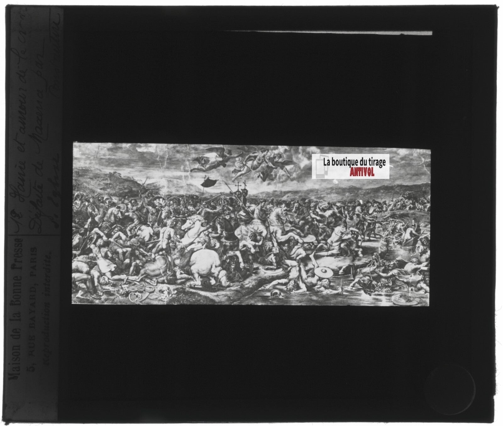 La bataille de Constantin, dessin, ancienne plaque de verre, positif 8,5x10 cm