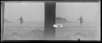 Baignade, mer, Plaque verre photo stéréo, négatif noir & blanc 4,5x10,7 cm