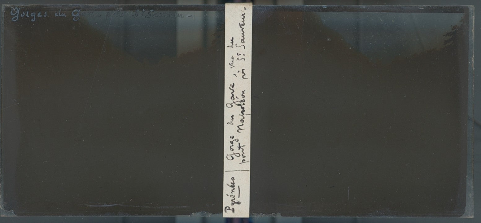 Gorges du Gave, Pyrénées, plaque verre, photo ancienne stéréo, sépia 6x13 cm