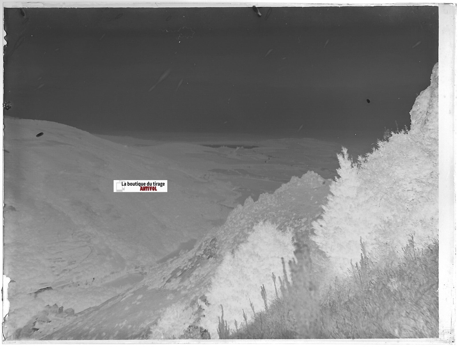 Pyrénées, lac, Plaque verre photo ancienne, négatif noir & blanc 9x12 cm