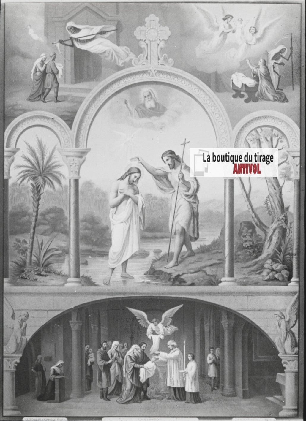 Scène religieuse, catéchisme, dessin peinture, plaque verre, positif 8,5x10 cm