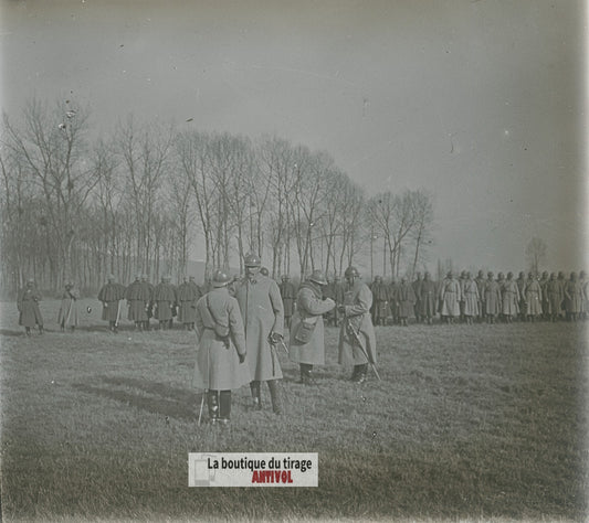 Inspection régiment, guerre WW1, plaque verre photo ancienne stéréo 6x13 cm