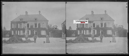 Maison, château, famille, stéréo photo ancienne plaque verre, négatif 8x18 cm