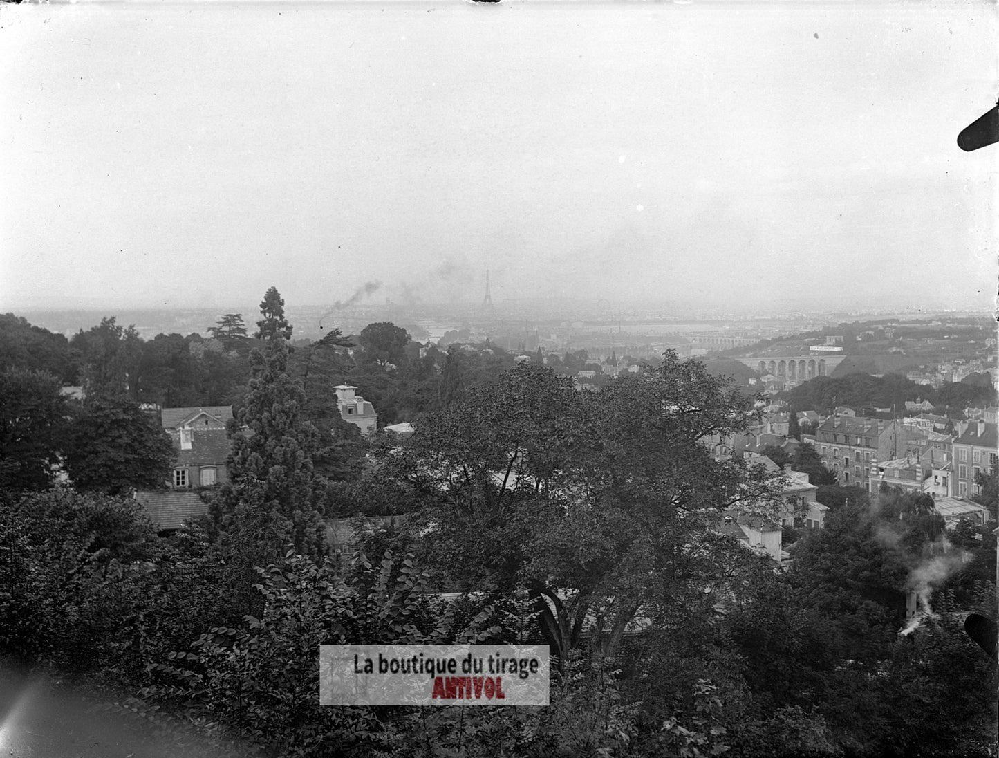 Vue sur Paris depuis Meudon, plaque verre, photo ancienne, négatif 9x12 cm