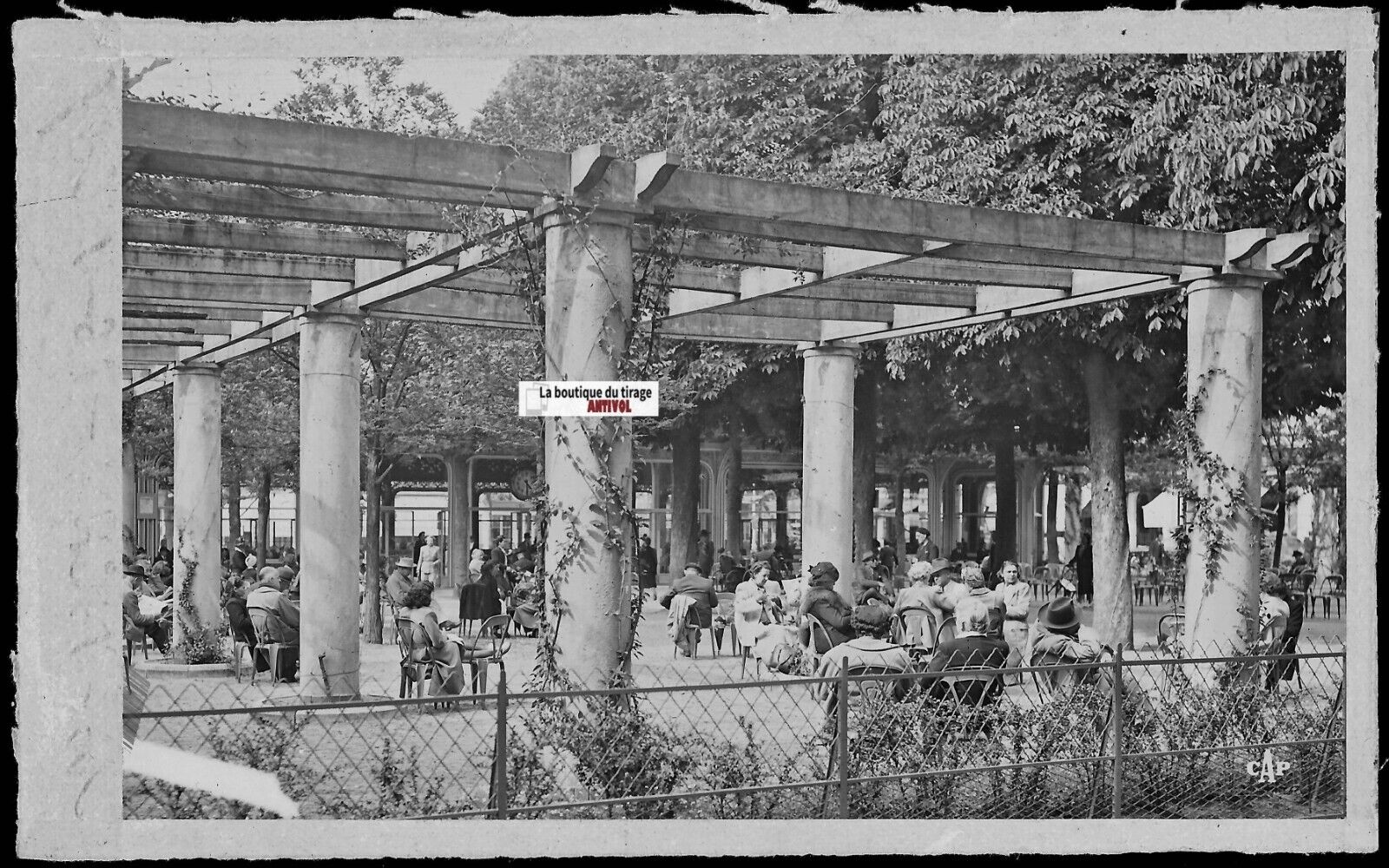 Plaque verre ancienne photo négatif noir & blanc 9x14 cm, Vichy, pergola