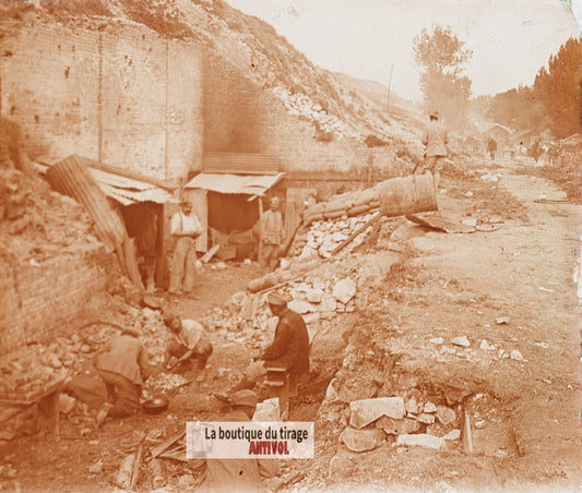 L’Éclusier, canal Somme, guerre WW1, plaque verre stéréo, photo 4,5x10,7 cm