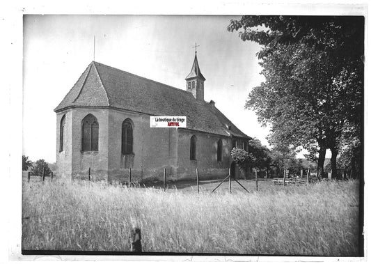 Plaque verre photo positif noir & blanc 13x18 cm Plobsheim chapelle Notre-Dame