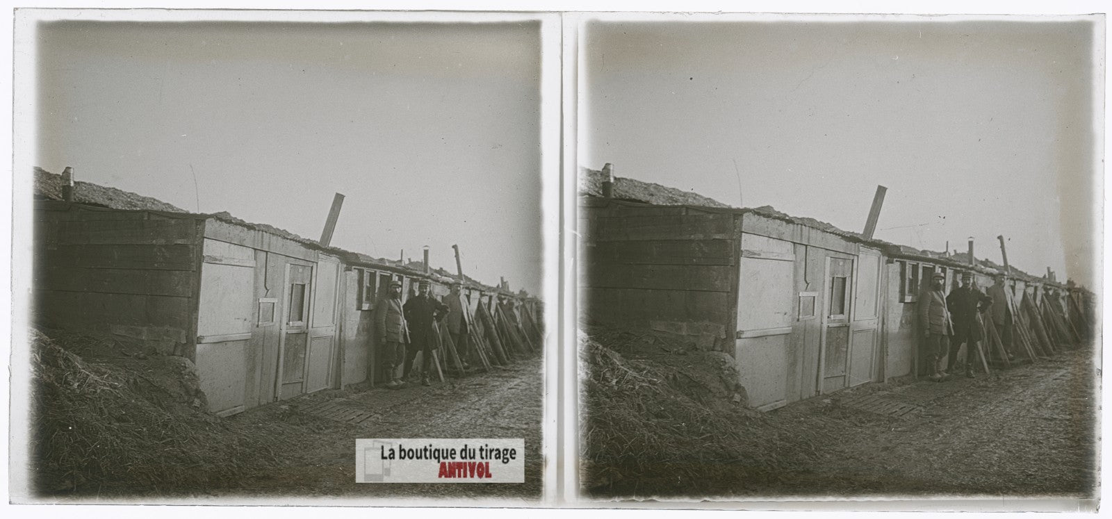 Abri de tranchée, guerre WW1, plaque verre photo ancienne stéréo 6x13 cm